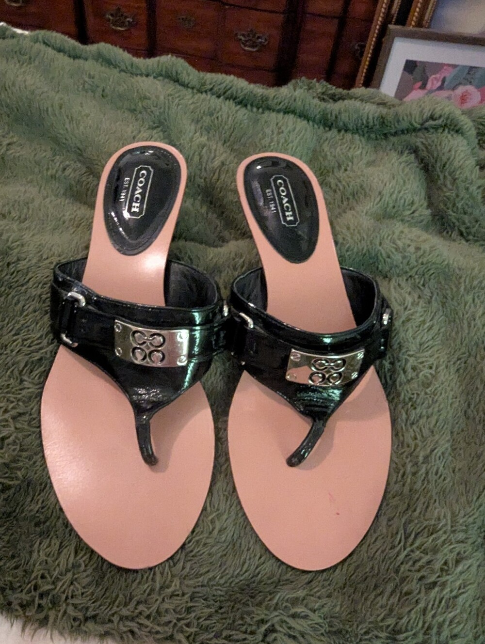 Coach Black Patent Leather Thong Sandals with Silver Logo Plaques